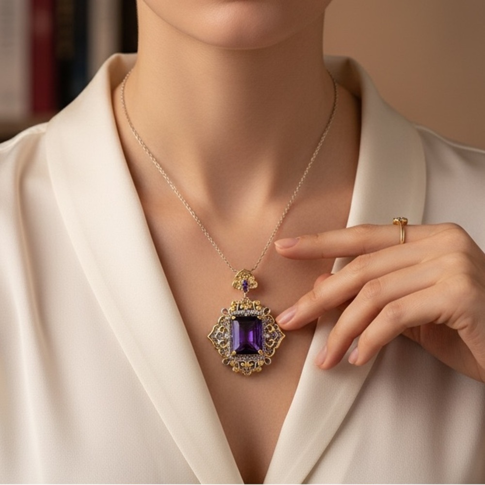 Antique Amethyst Pendant Necklace, Two Tone, Gold, Silver, Women’s, Gemstone,